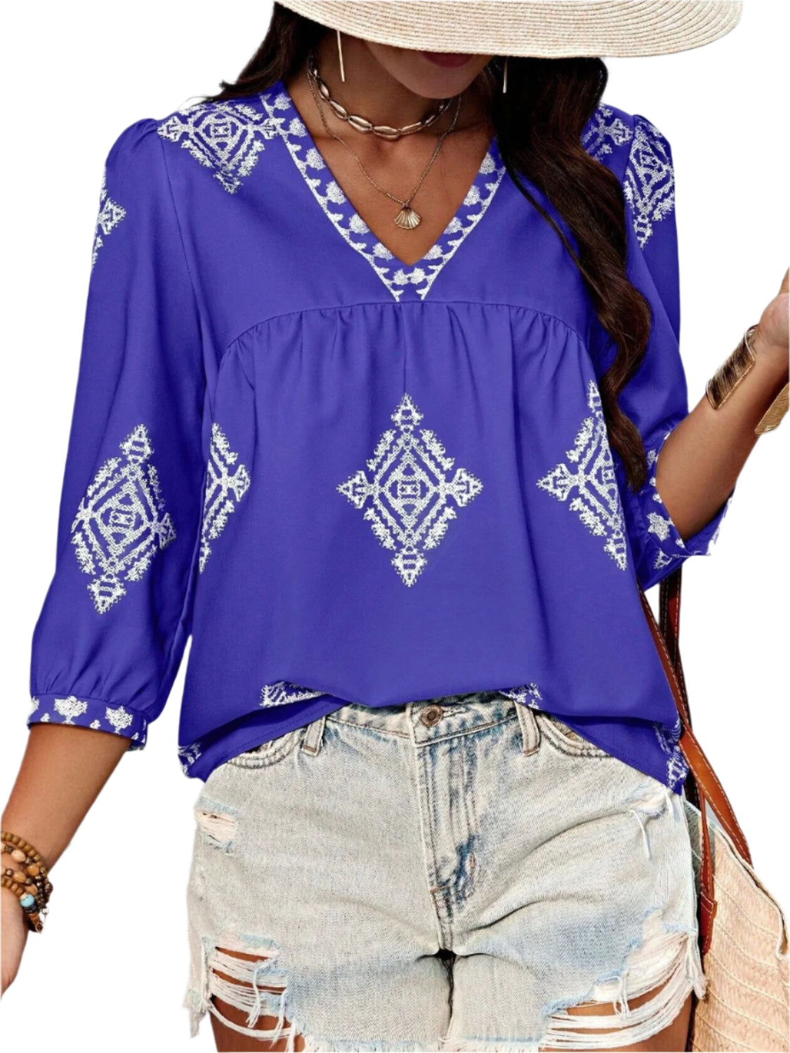 Printed V-Neck Three-Quarter Sleeve Blouse
