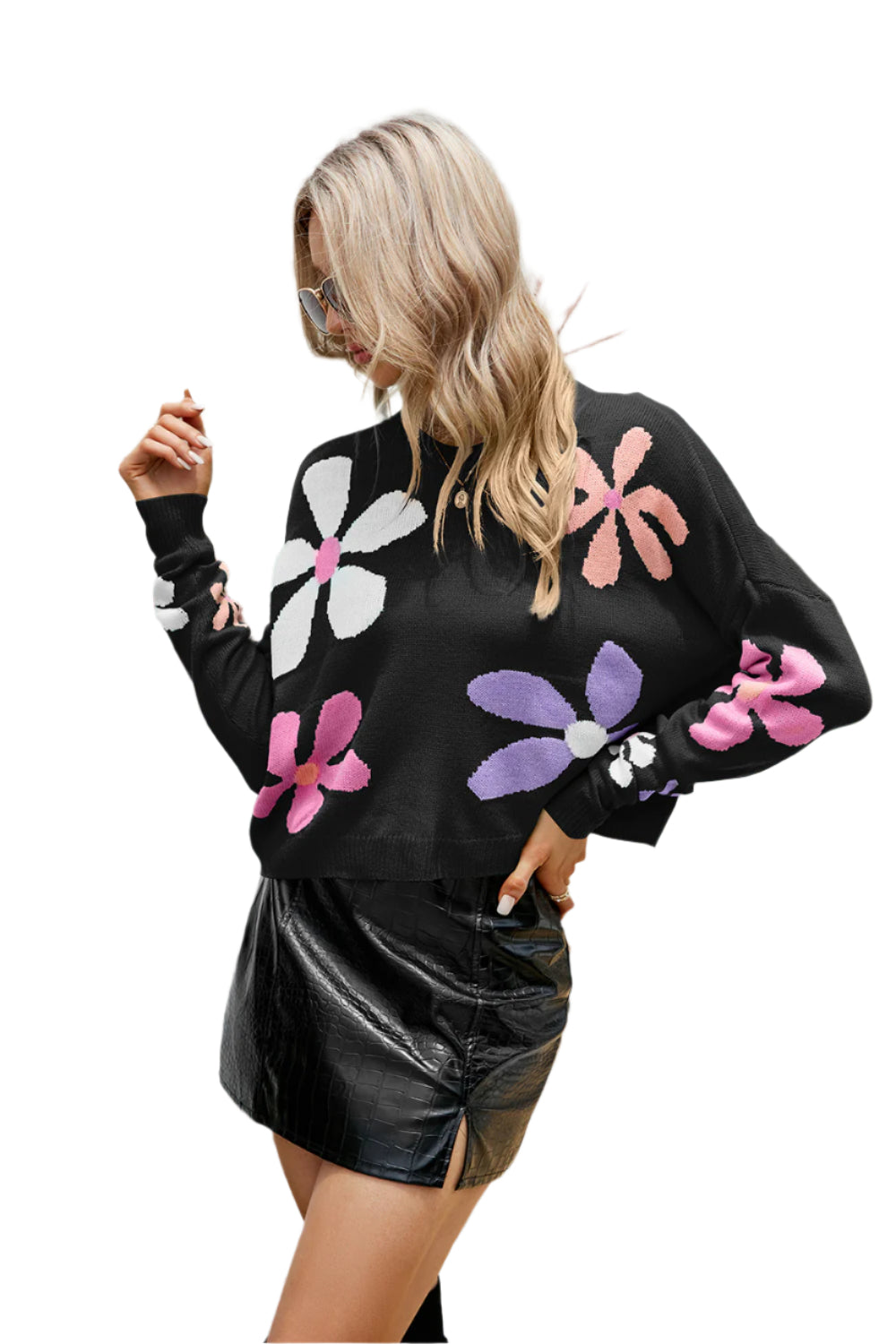 Flower Round Neck Drop Shoulder Sweater