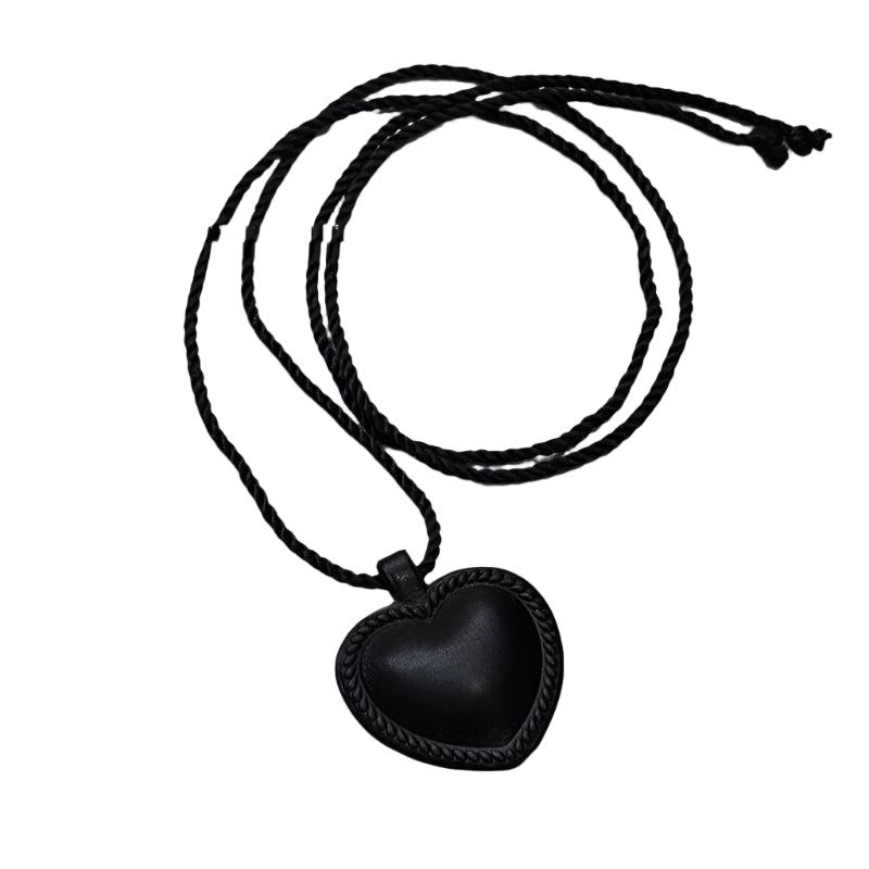Cowhide Black Leather Heart Pendant Necklace