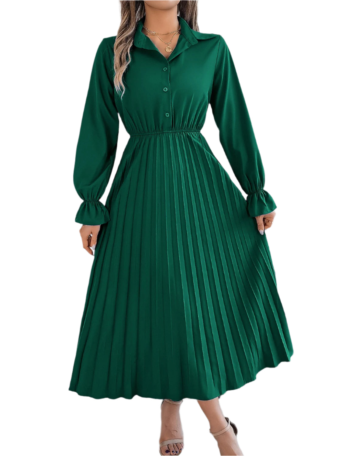 Pleated Half Button Long Sleeve Midi Dress