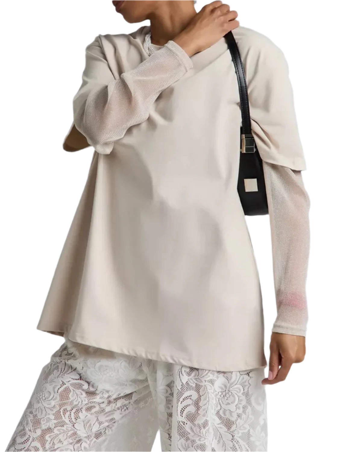 Faux Layered Round Neck Mesh Sleeve Top