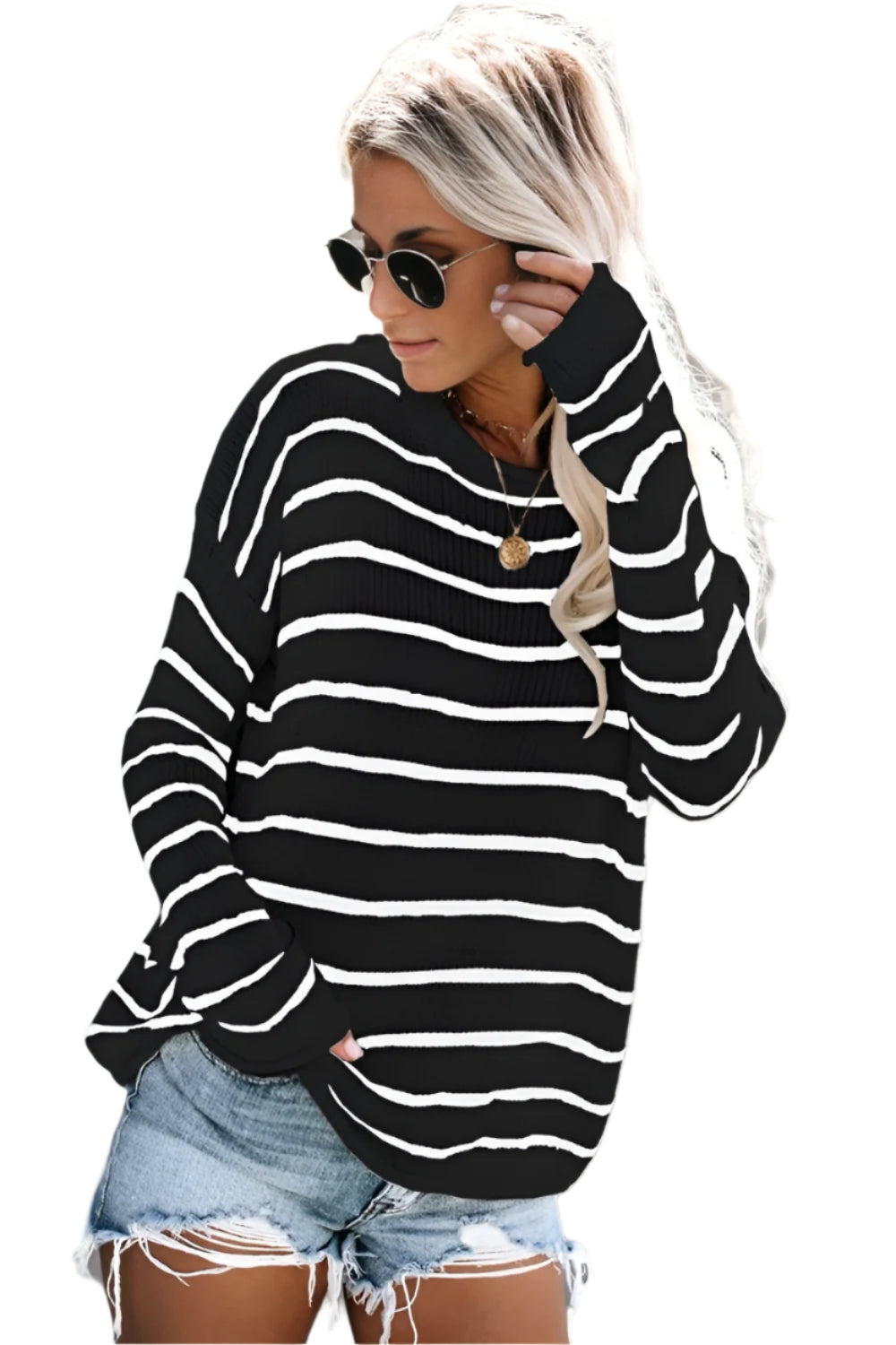 Striped Round Neck Drop Shoulder Sweater