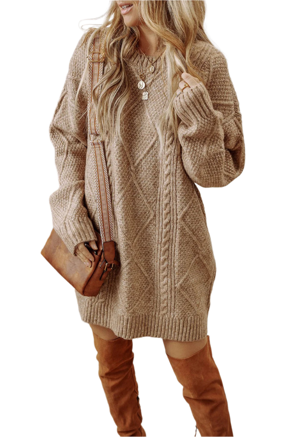 Cable-Knit Round Neck Sweater Dress