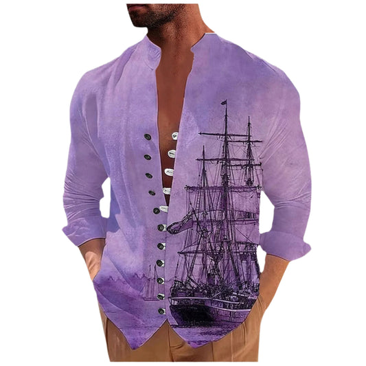 Men's 3D Vintage Print Long Ship Collard Long Sleeve Button Down Shirt