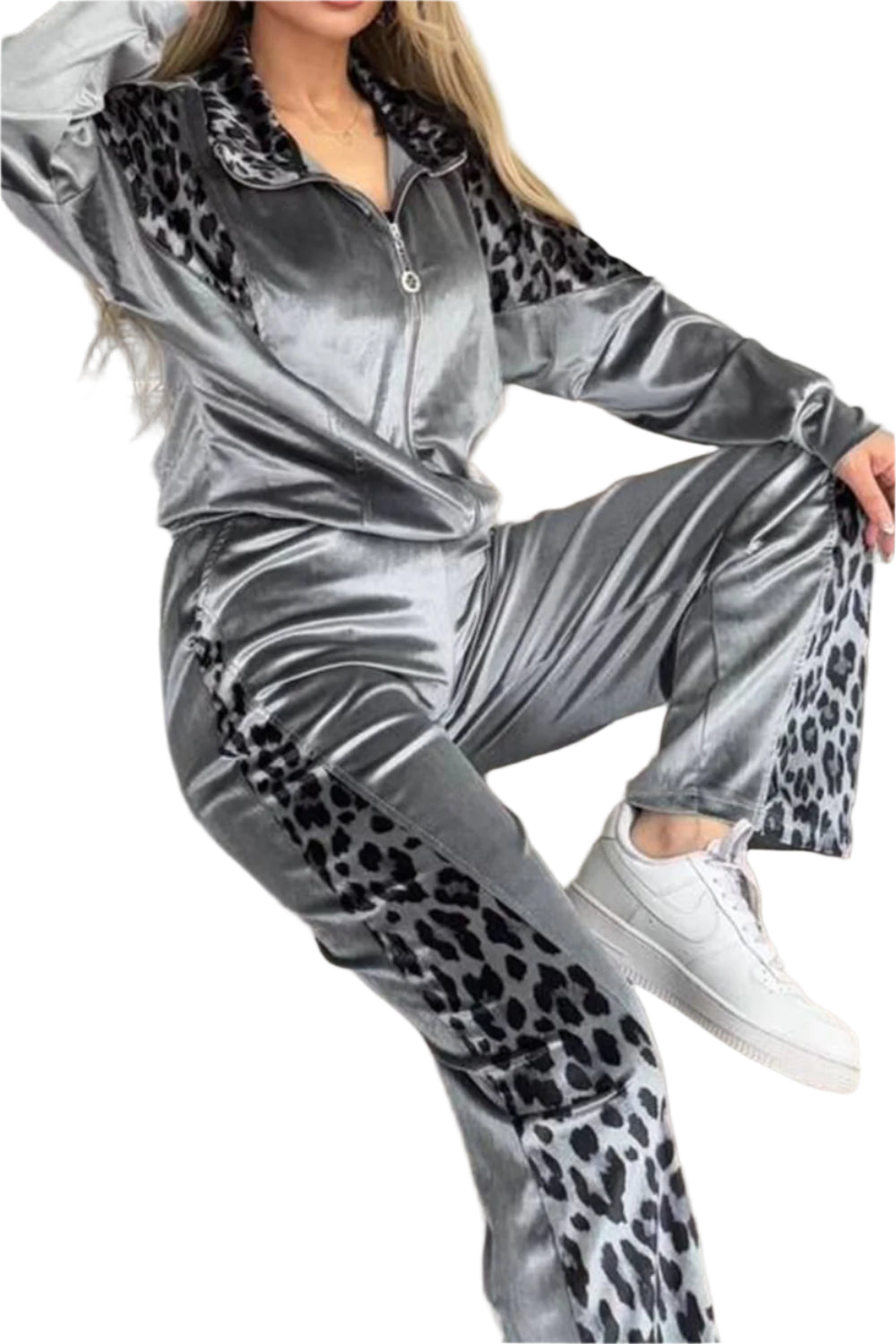Full Size Collared Neck Leopard Zip Up Top and Pants Set Plus Size