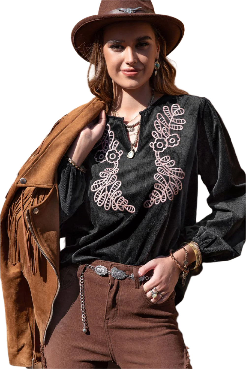 Notched Neck Long Sleeve Blouse