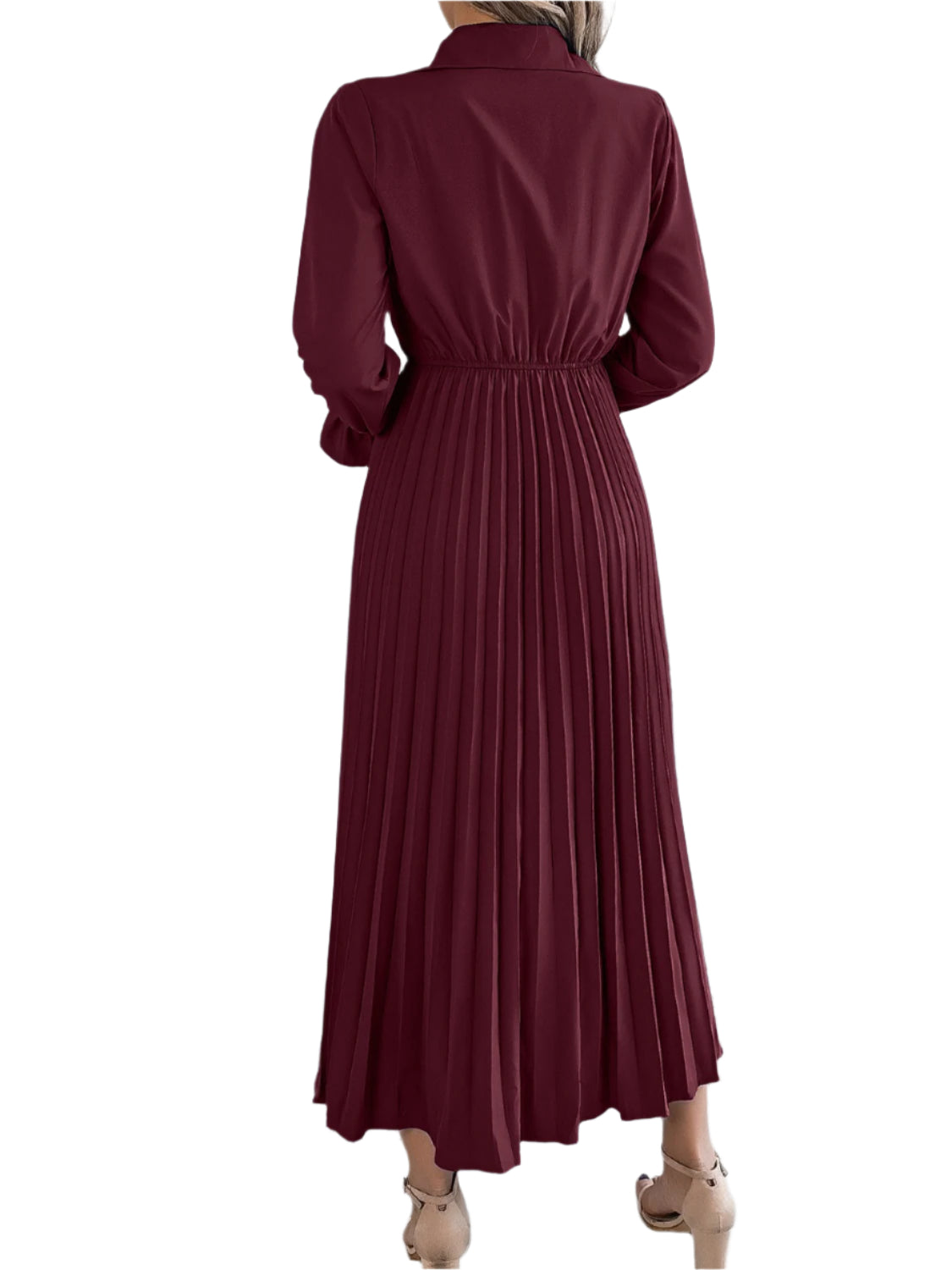 Pleated Half Button Long Sleeve Midi Dress