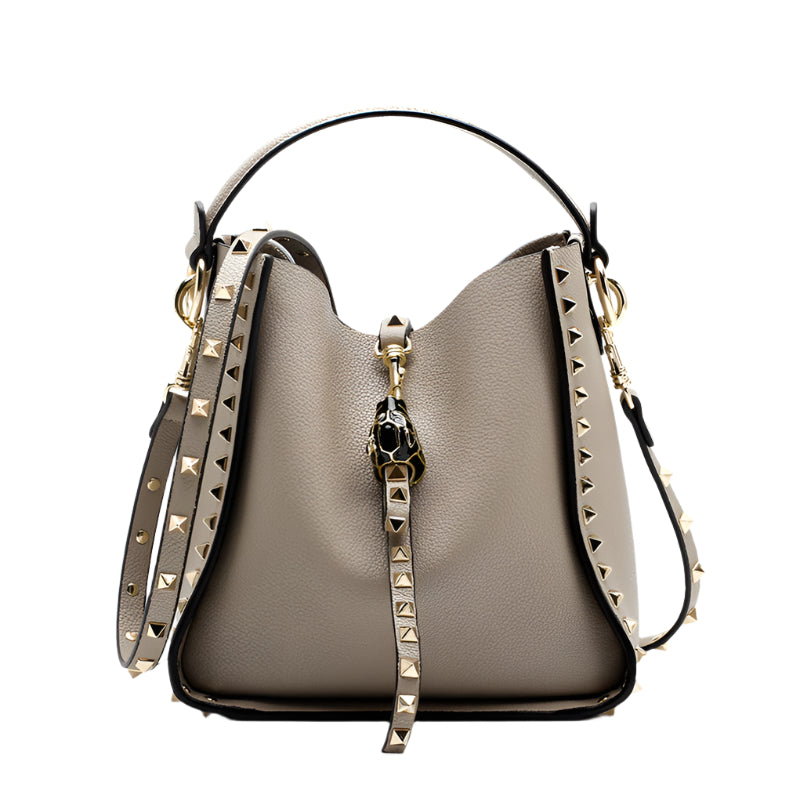 Soft Cowhide Leather Studded Bucket Style Handbag