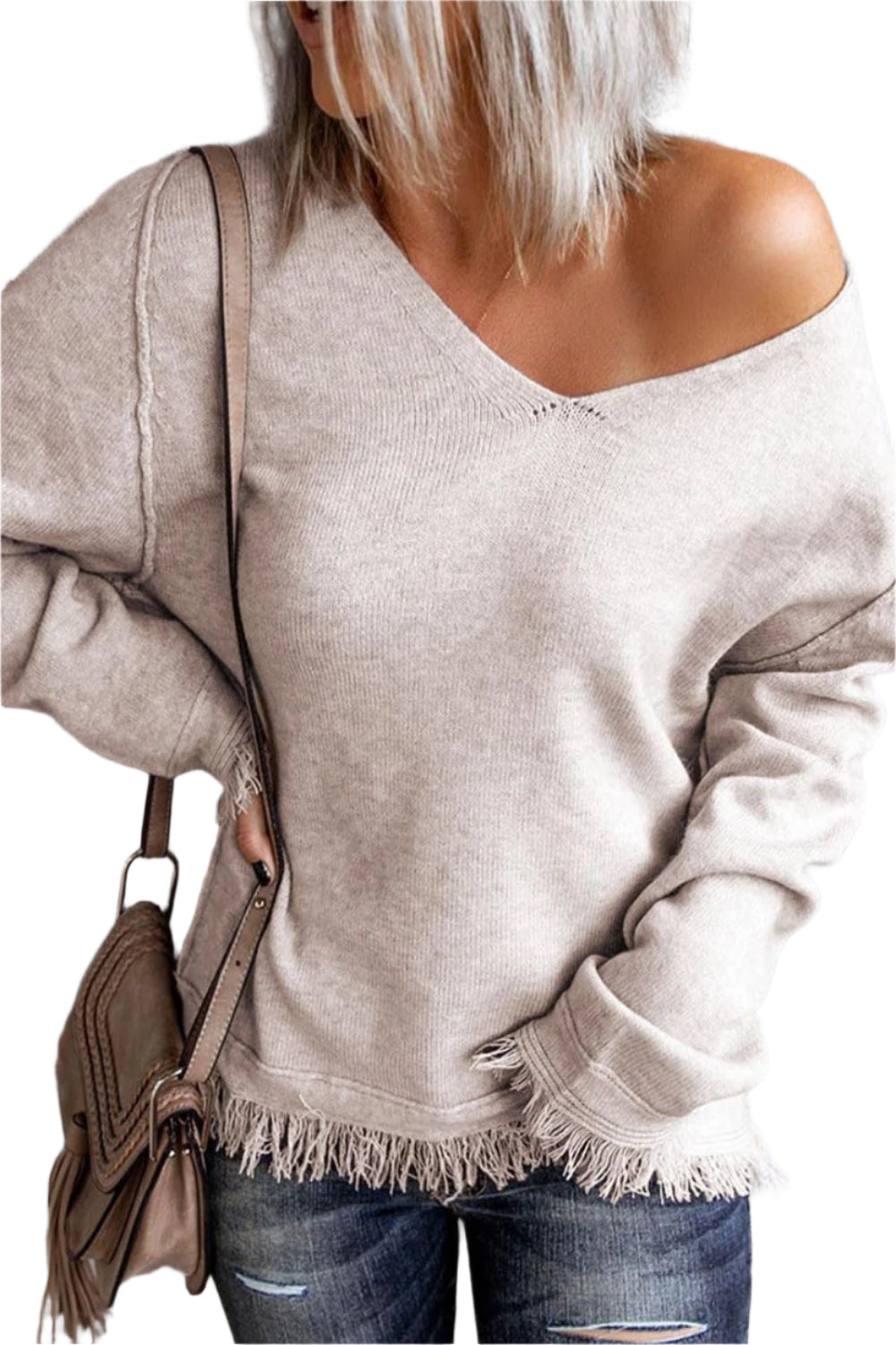 Exposed Seam Fringe Hem V-Neck Long Sleeve Sweater