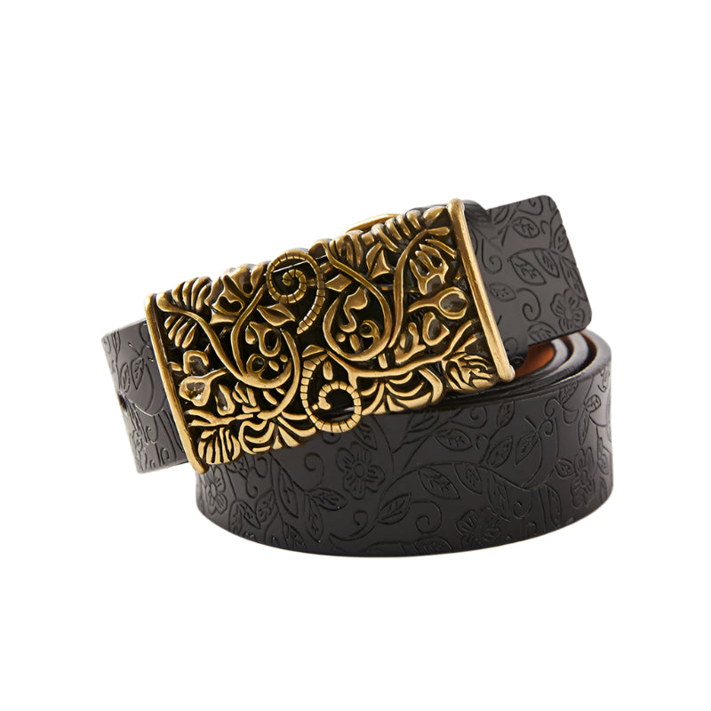 Cowhide Leather Belt with Floral Motif Buckle
