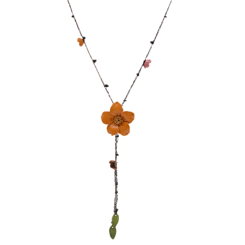 Sweater Beaded Chain Cowhide Leather Flower Pendant Necklace