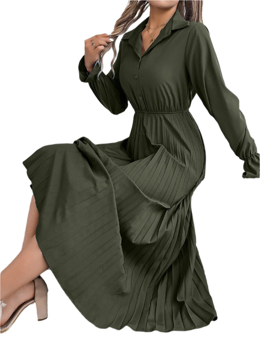 Pleated Half Button Long Sleeve Midi Dress