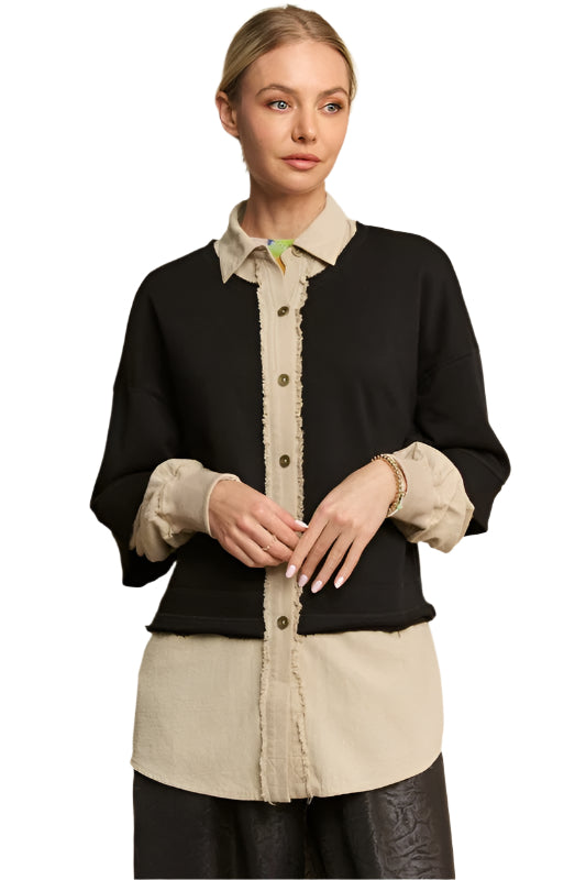 Davi & Dani Faux Layered French Terry Contrast Top