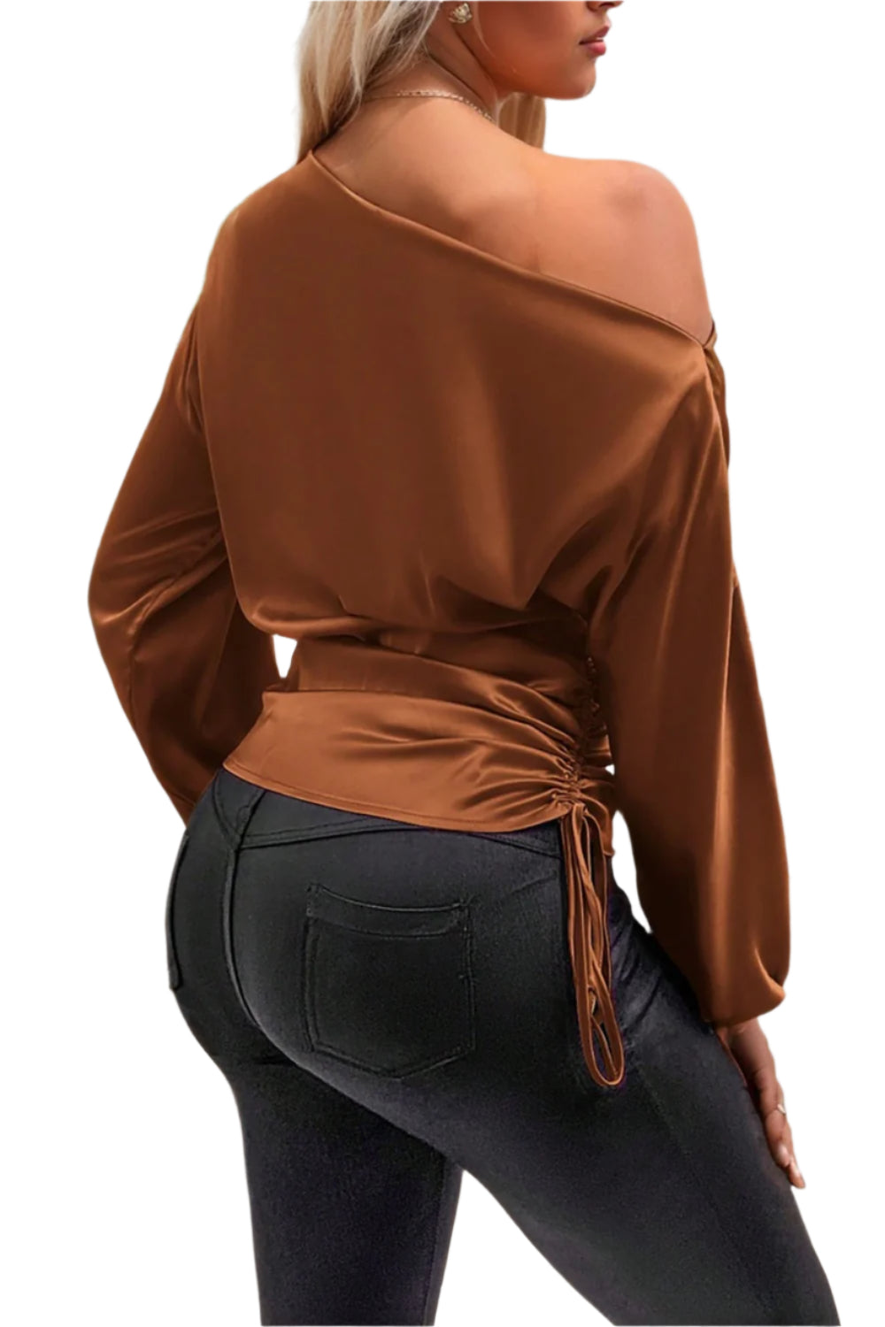 Drawstring One Shoulder Long Sleeve Blouse