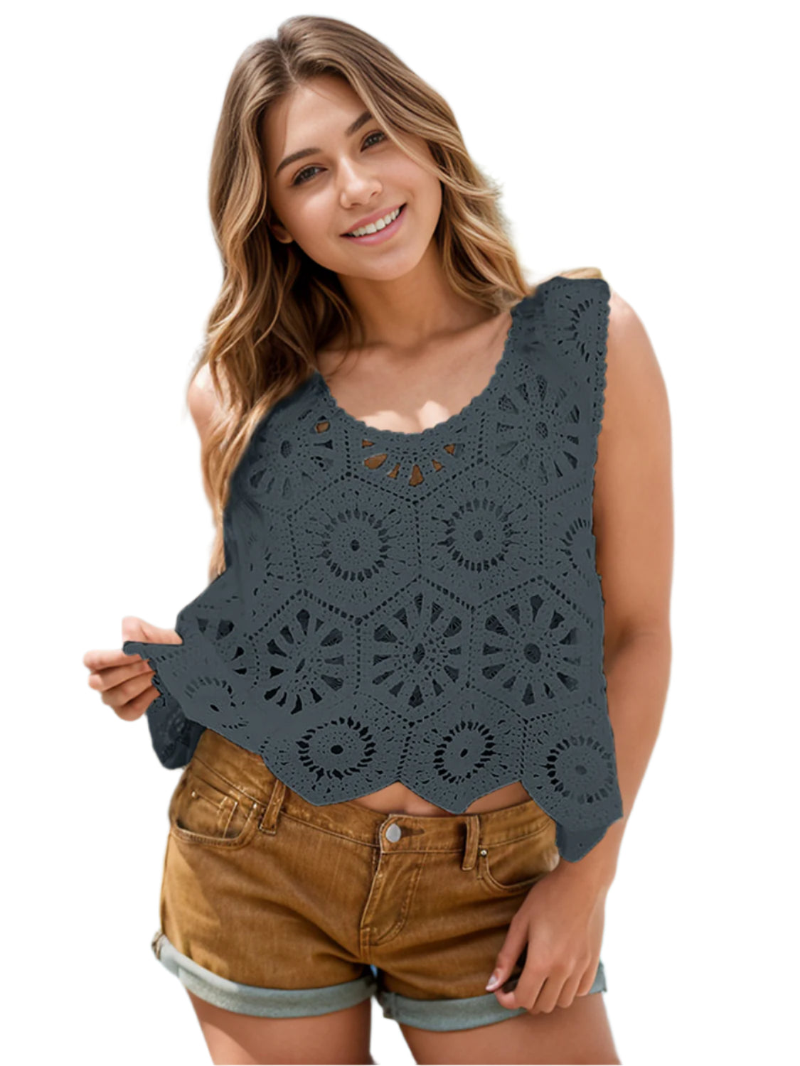Openwork Round Neck Knit Vest