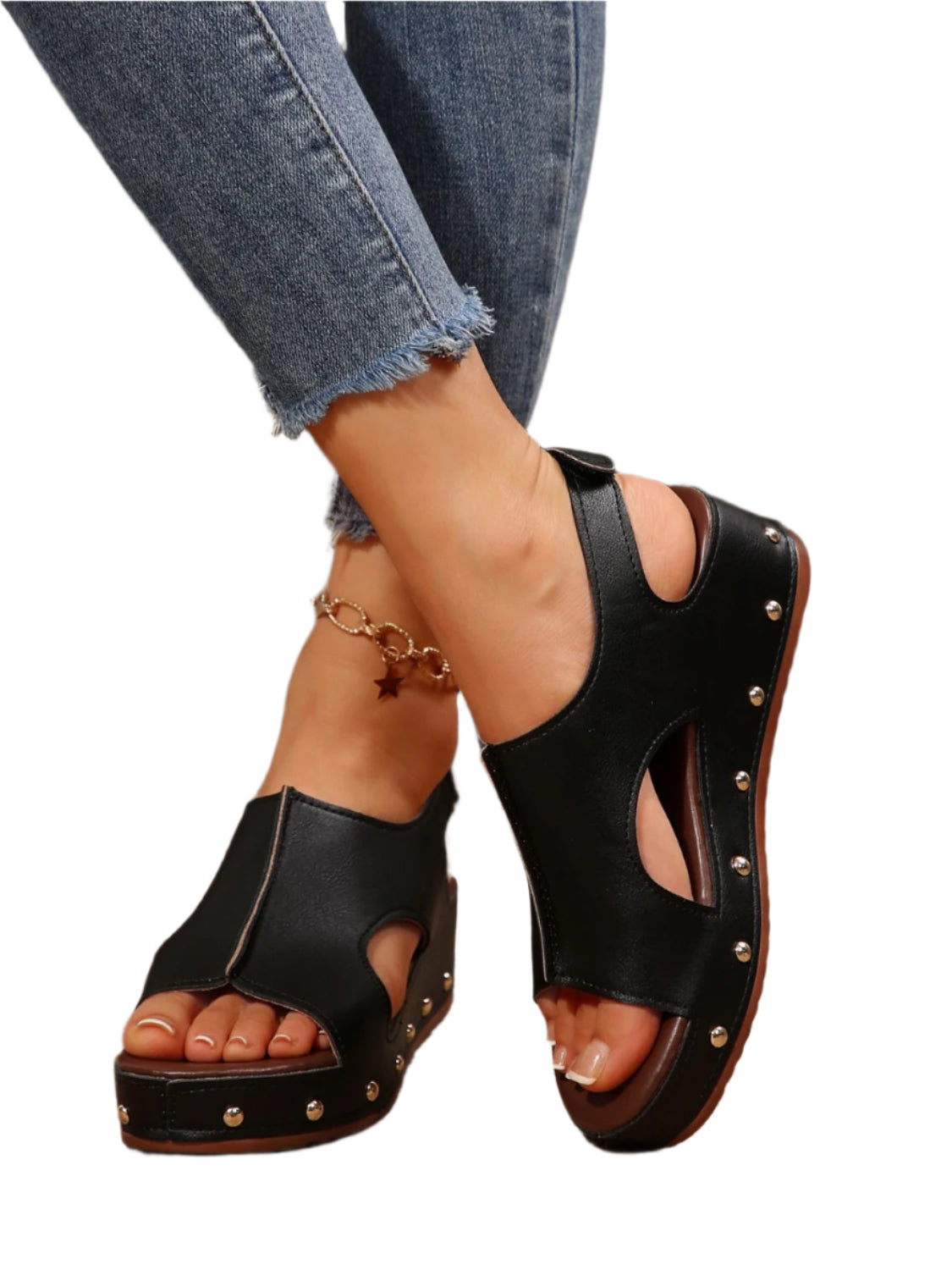 PU Leather Studded Wedge Sandals