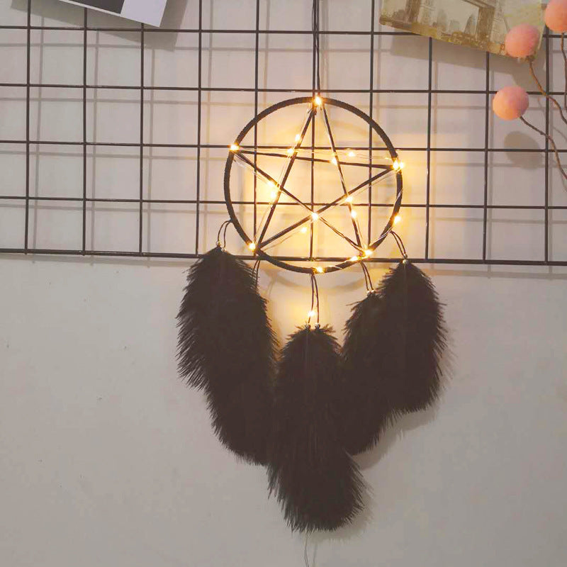 Pentagram with Feathers Light Wall Hanging