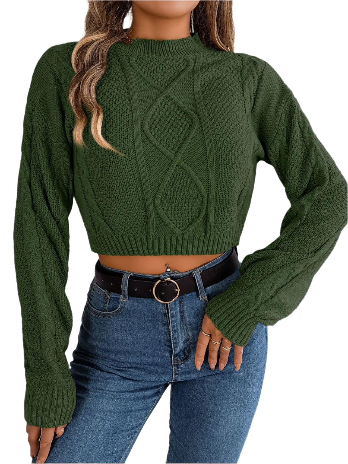 Cable-Knit Round Neck Cropped Sweater