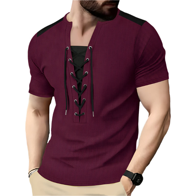 Men's Contrast Color Lace Up Shirt