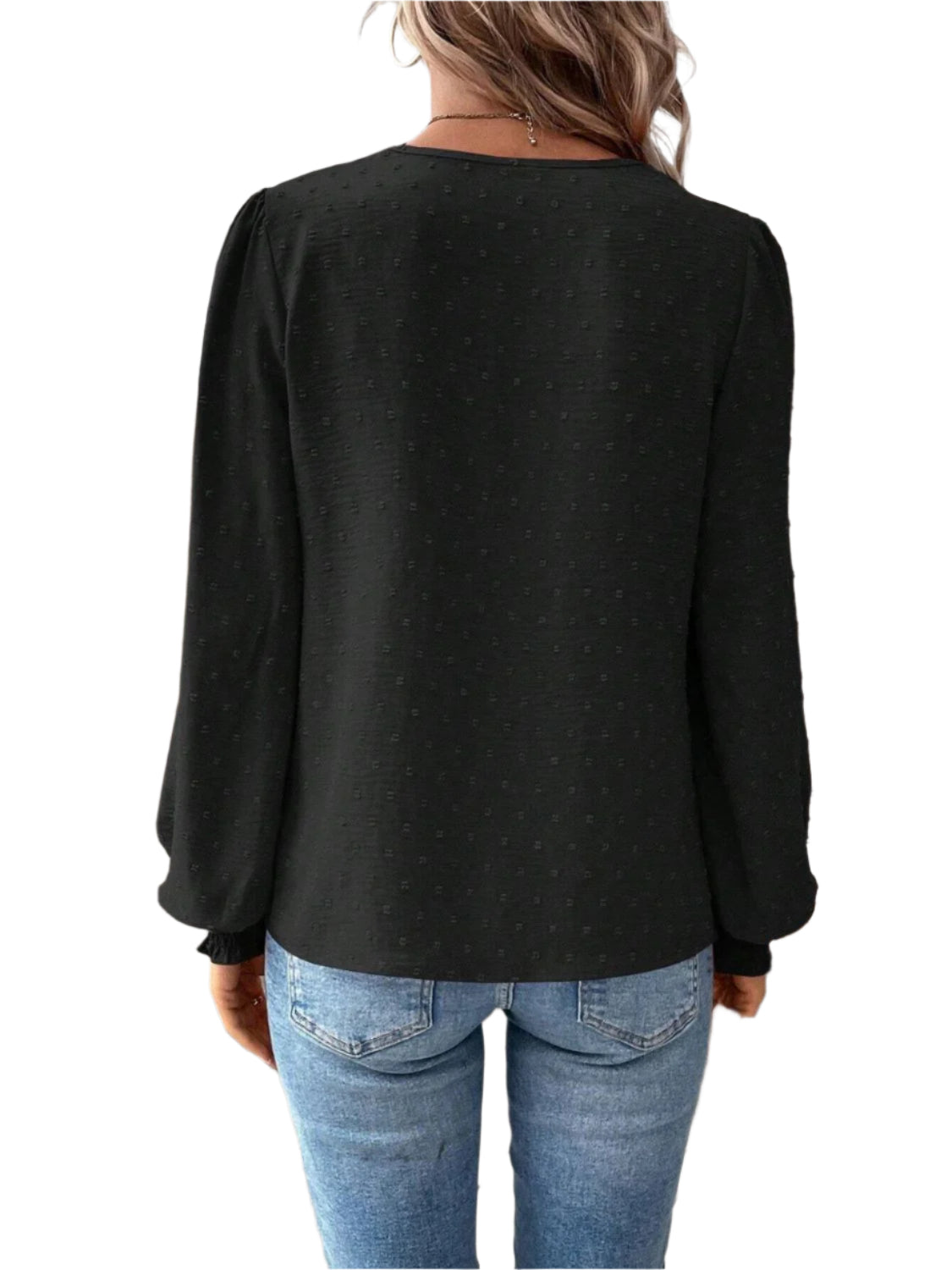Swiss Dot Lace Detail Notched Long Sleeve Blouse