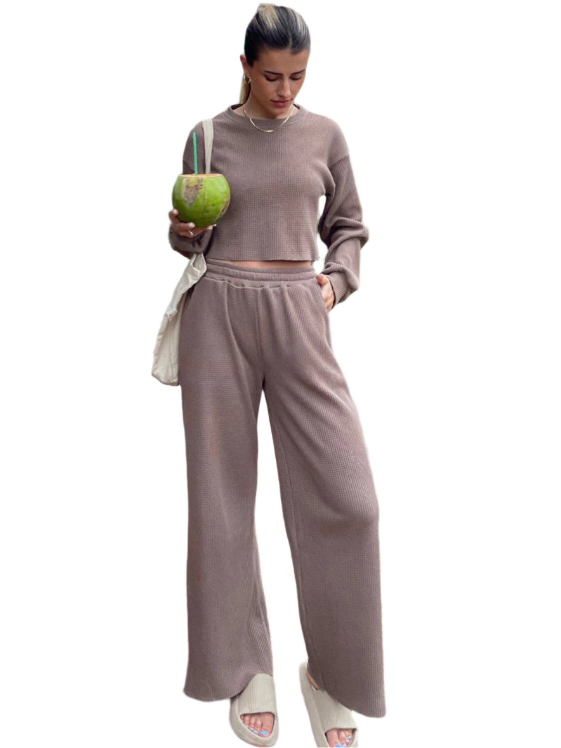 Waffle-Knit Round Neck Top and Pants Set