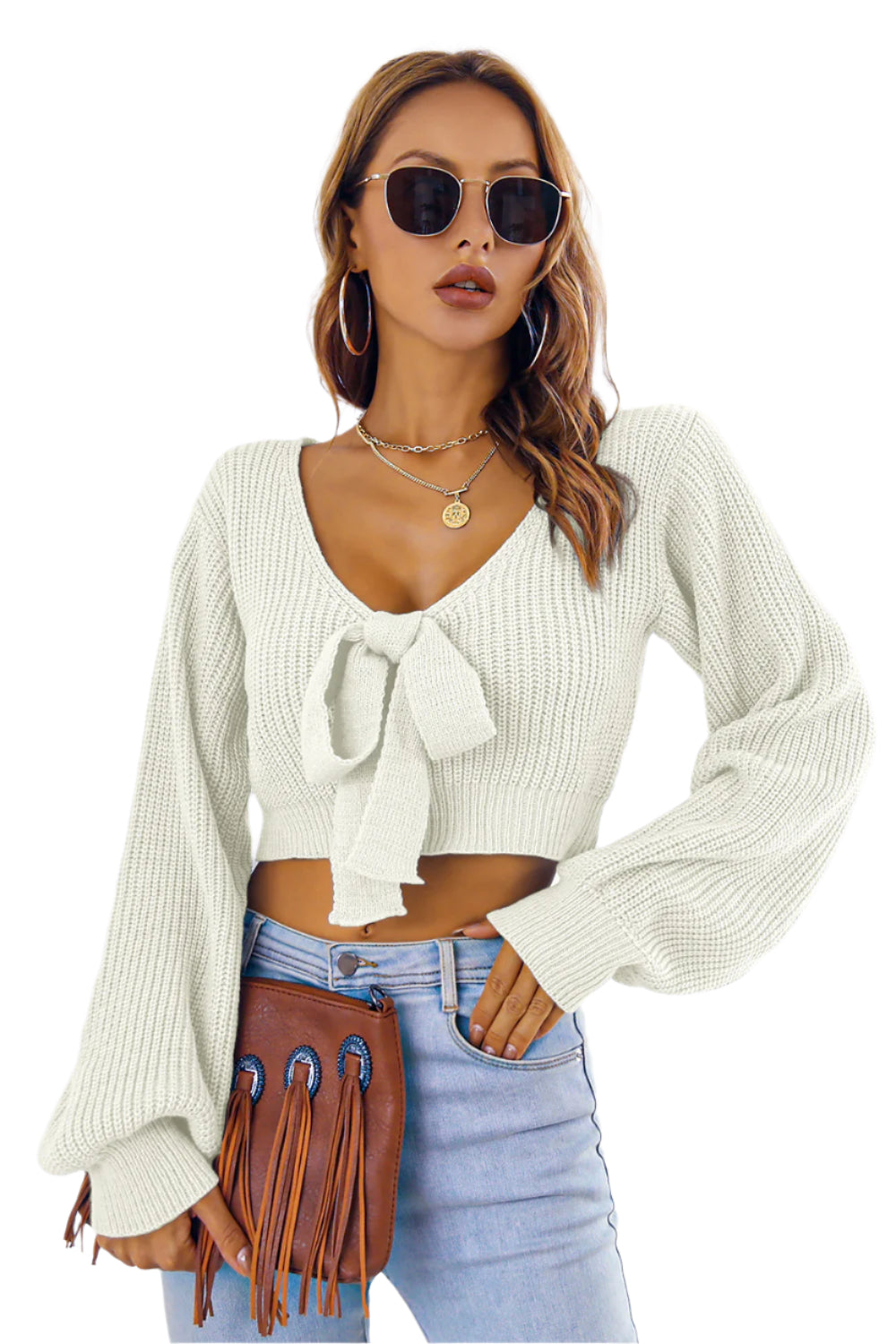 Bow V-Neck Long Sleeve Cropped Sweater