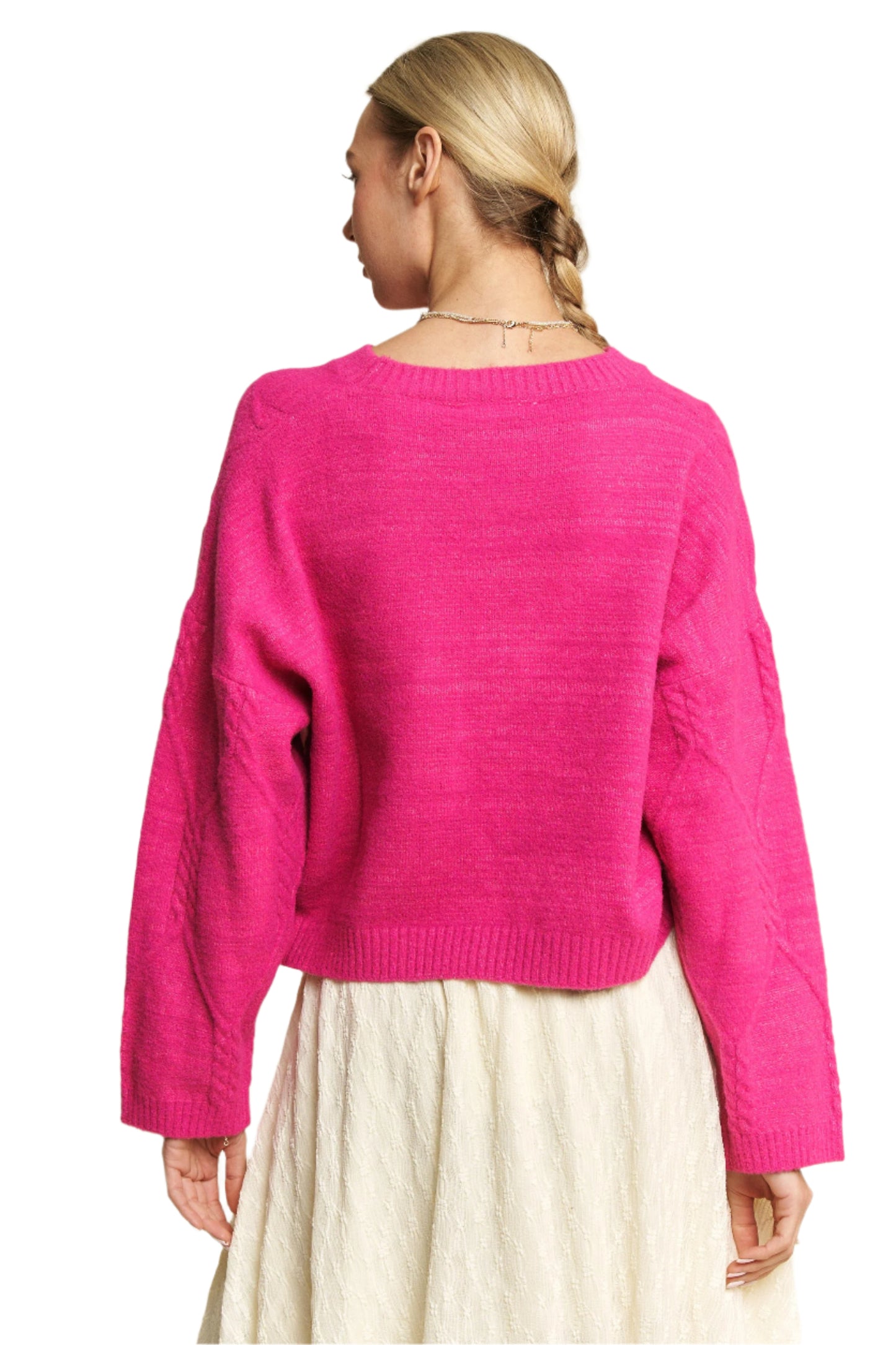 Davi & Dani Diamond Cable Pattern Drop Shoulder Sweater