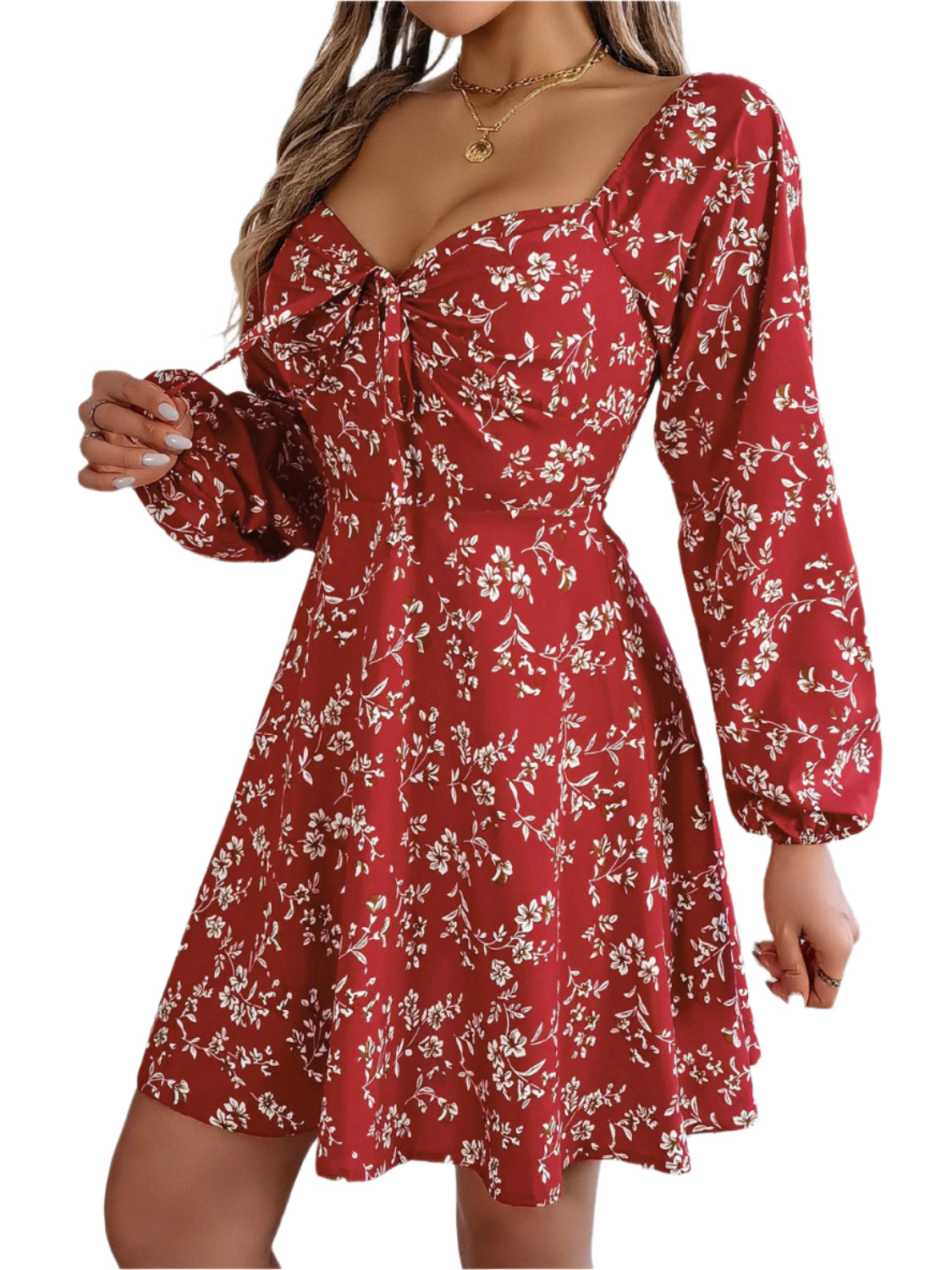 Printed Sweetheart Neck Balloon Sleeve Mini Dress