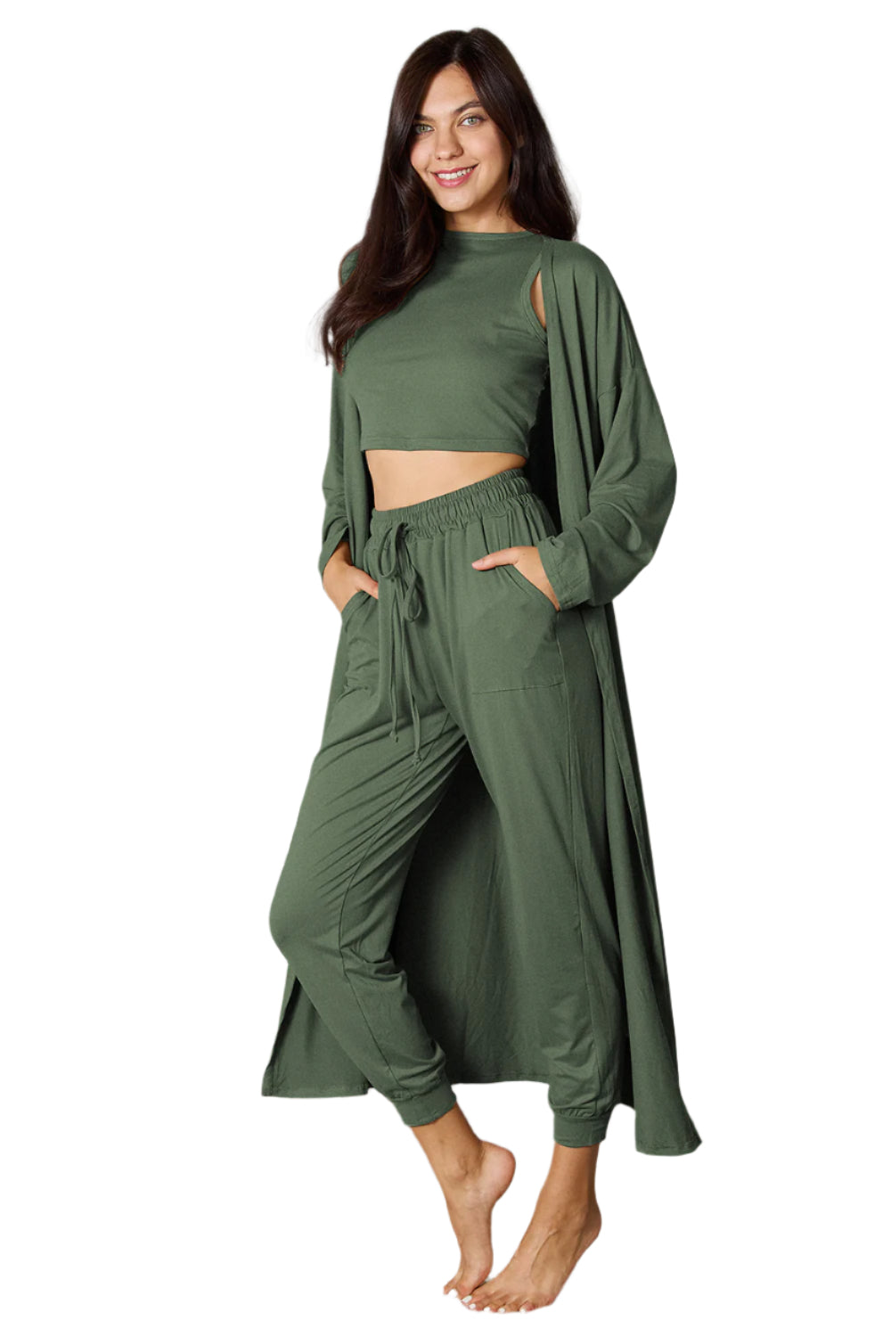 Tank, Pants, and Cardigan Set with Pockets