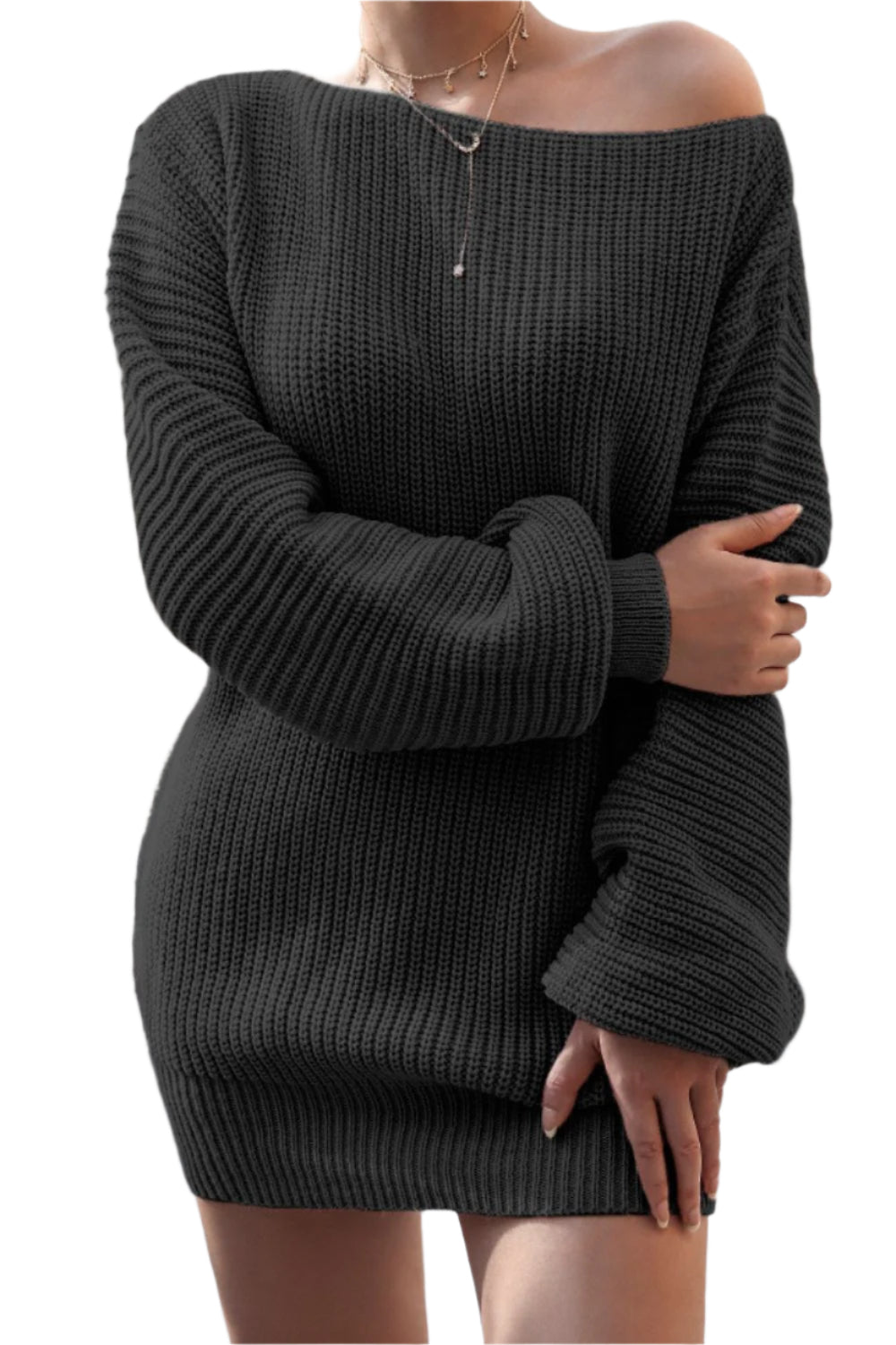 Boat Neck Long Sleeve Mini Sweater Dress