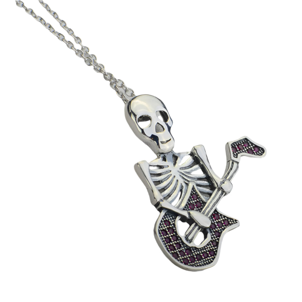 Skeleton Playing Guitar Pendant 925 Sterling Silver Necklace