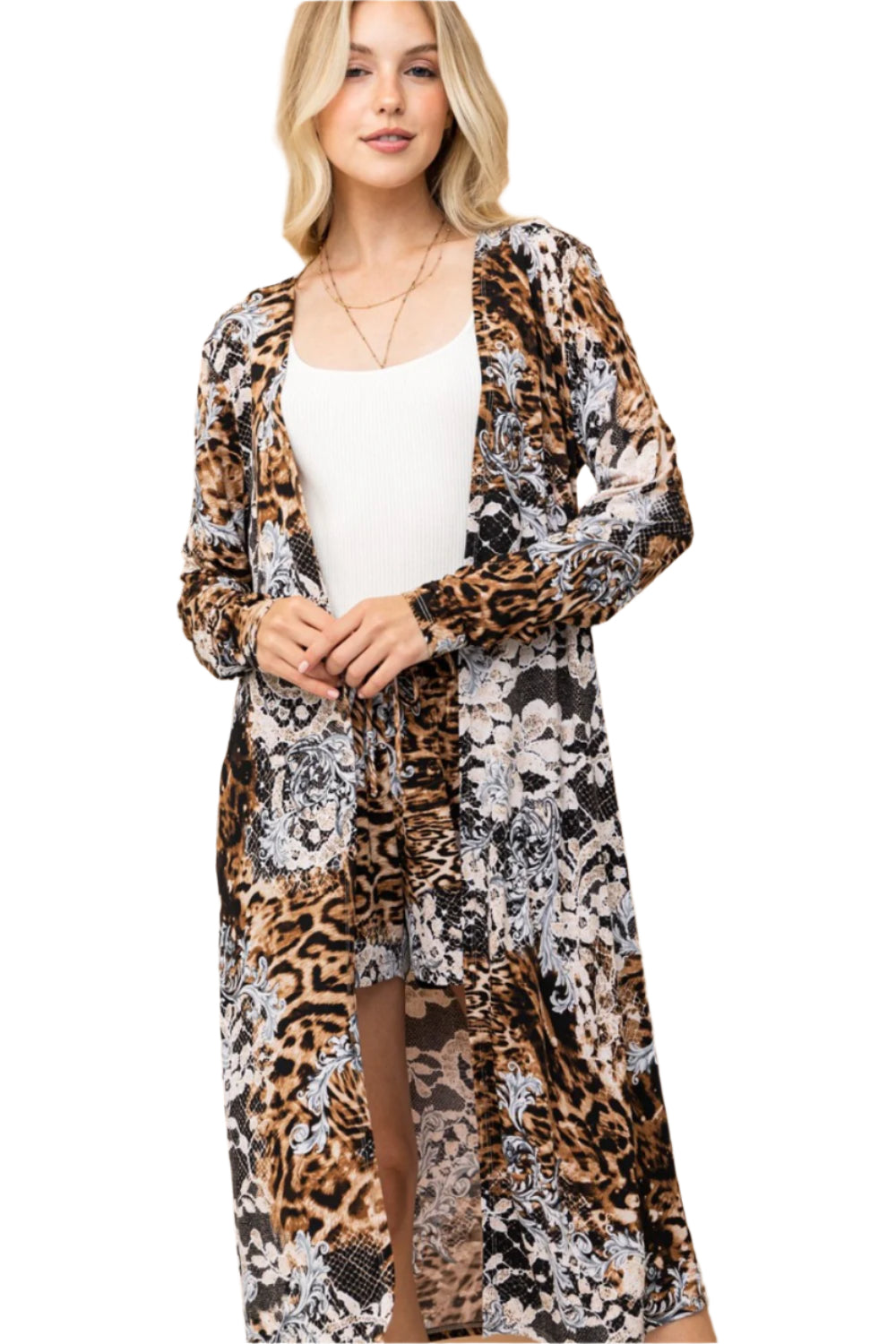 And The Why Leopard Kimono Open Front Longline Cardigan