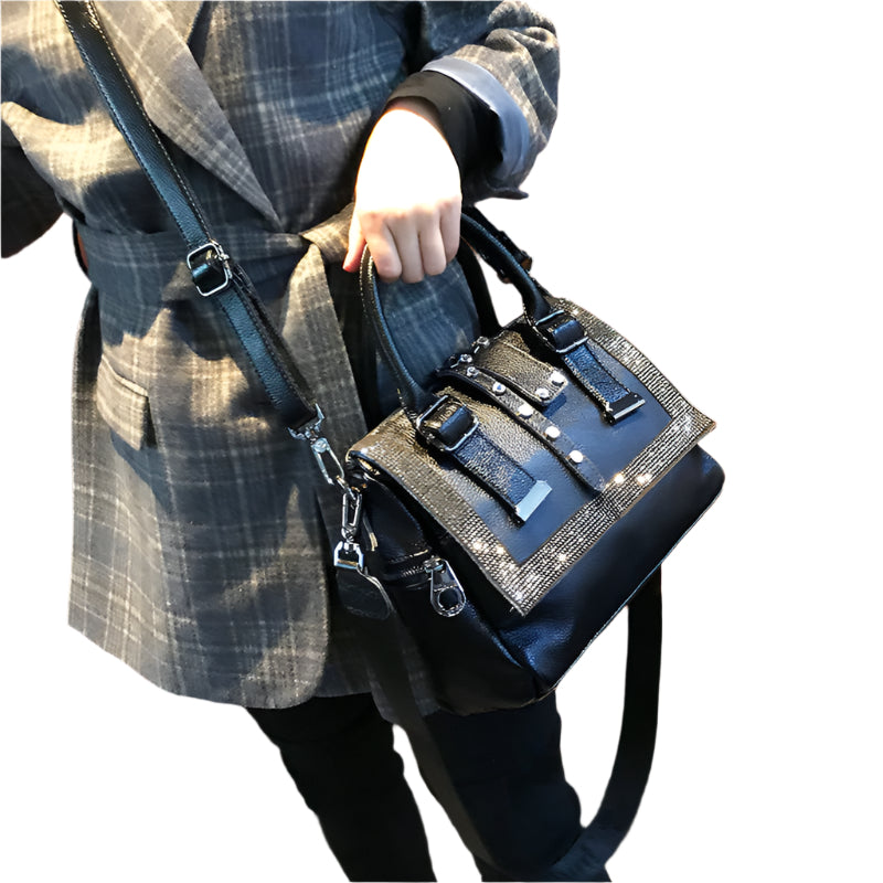 Cowhide Leather Rhinestone Handbag
