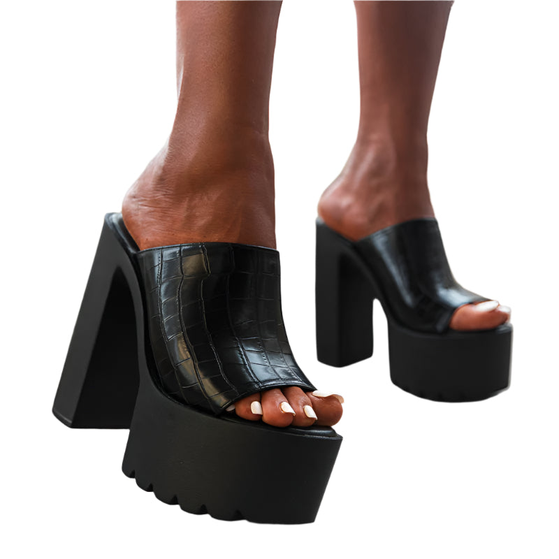 Chunky Heel Pu Leather Platform Peep Toe Sandals