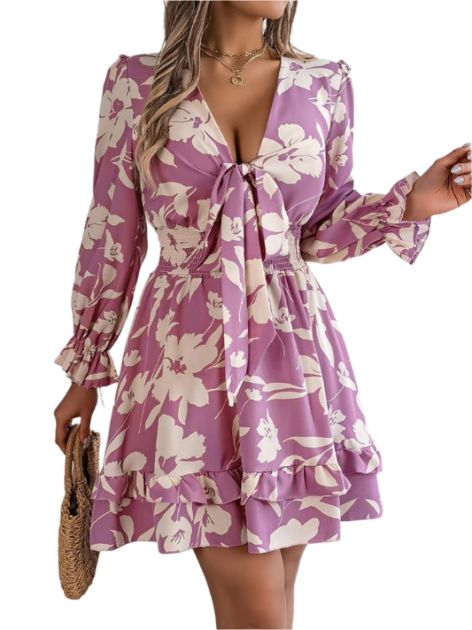 Tied Ruffled Printed Long Sleeve Dress