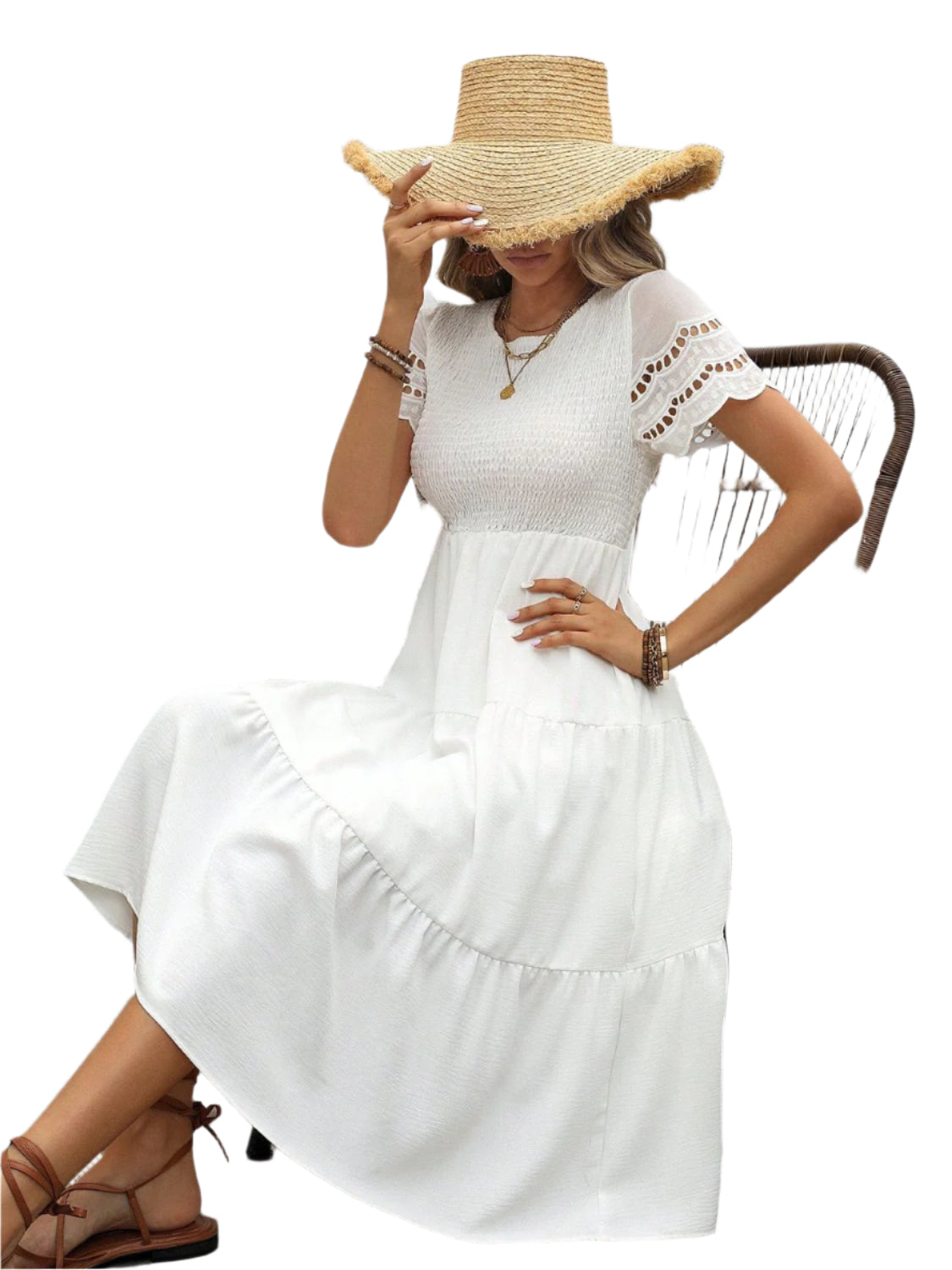 Smocked Round Neck Short Sleeve Dress