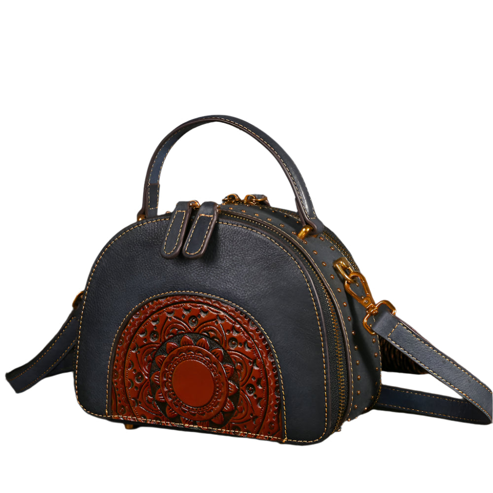 Embossed Sunflower Design Cowhide Leather Handbag