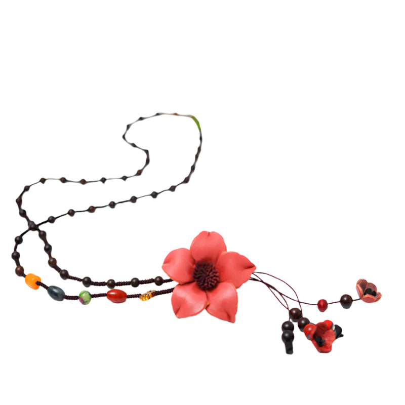 Sweater Beaded Chain Cowhide Leather Flower Pendant Necklace