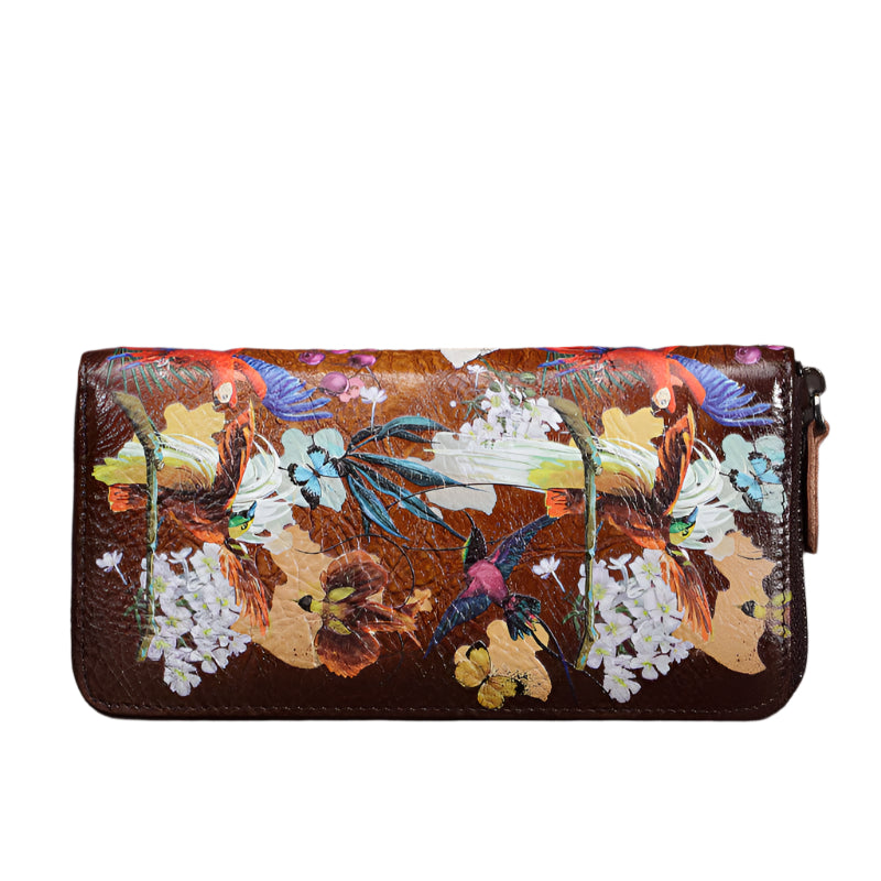 Birds and Flowers Painted Cowhide Leather Wallet