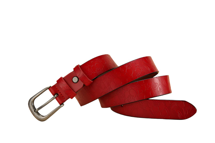 Floral Design Embossed Cowhide Leather Belt