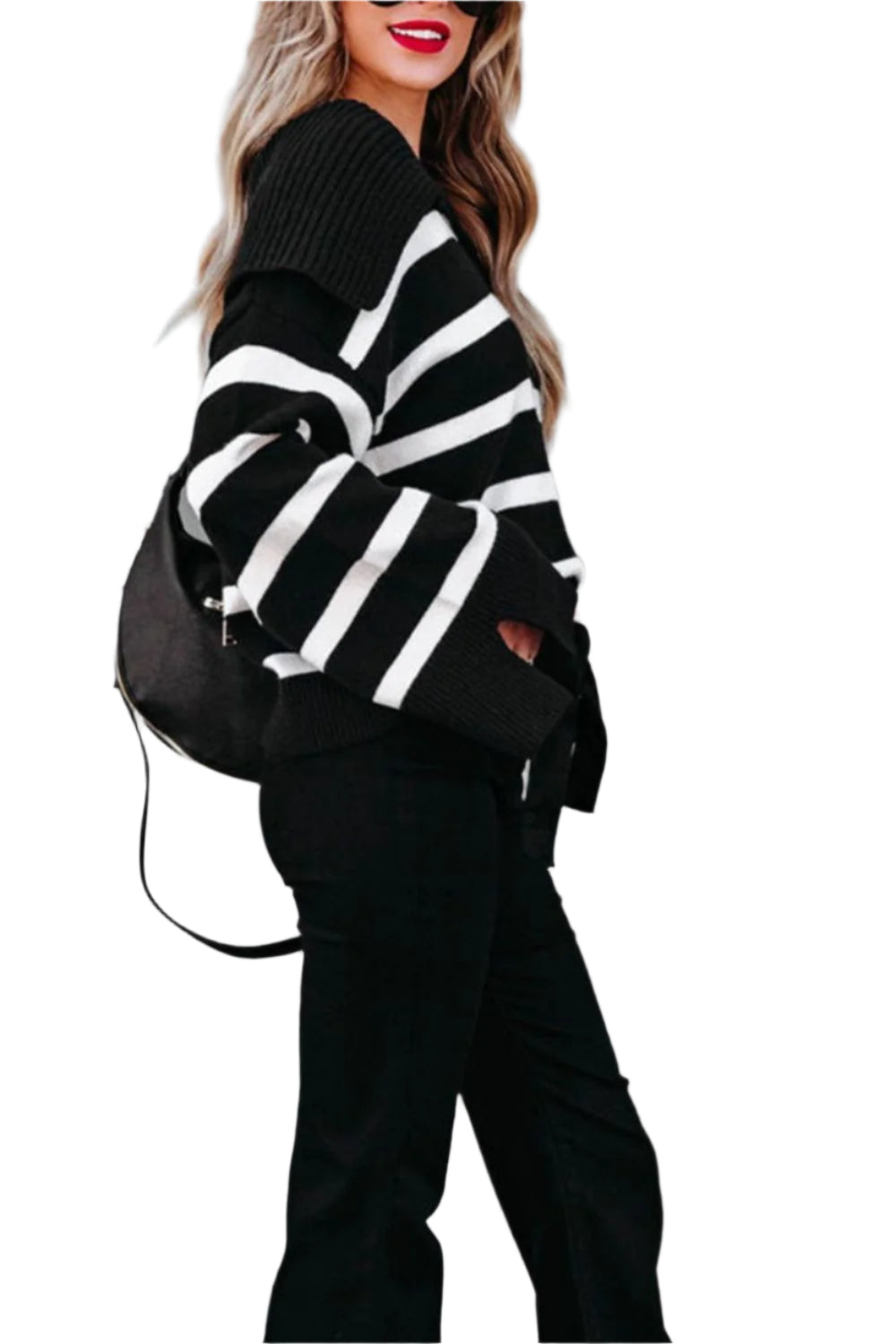 Striped Johnny Collar Long Sleeve Sweater