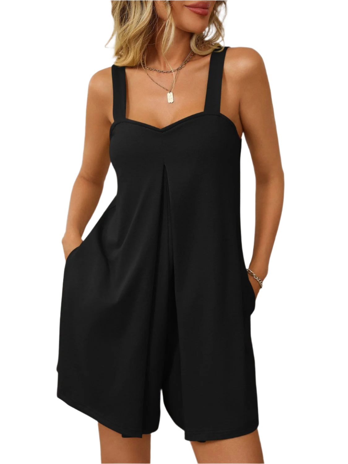 Mandy Sweetheart Neck Wide Strap Romper with Pockets