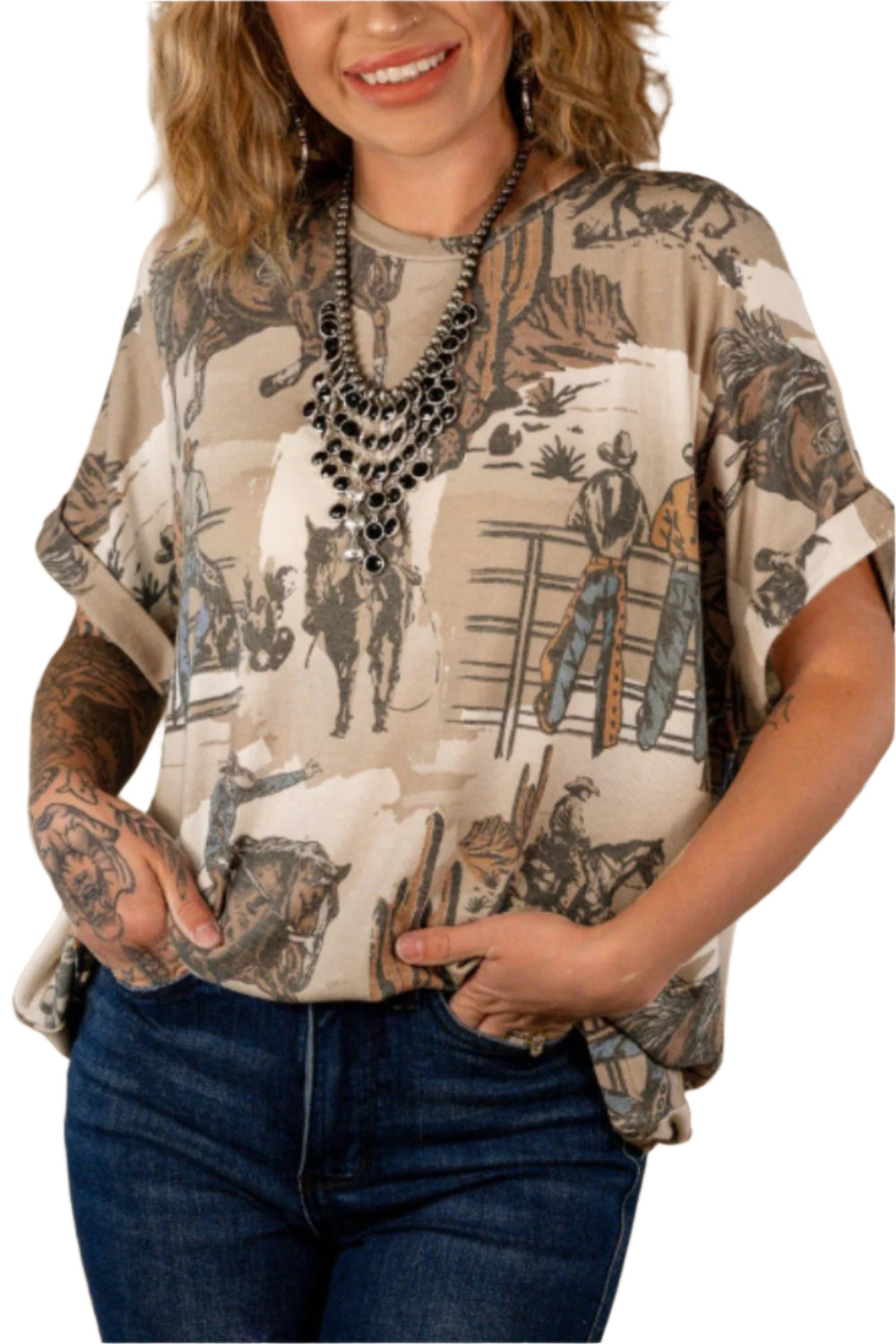 Cowboy Print Round Neck Short Sleeve T Shirt