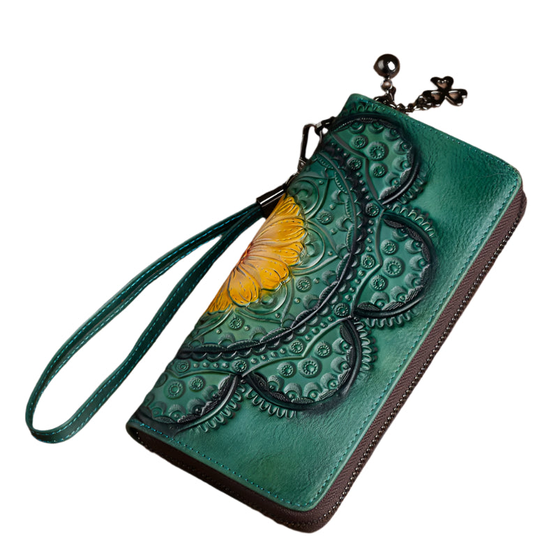 Floral Motif Cowhide Leather Wallet with Built-in Strap