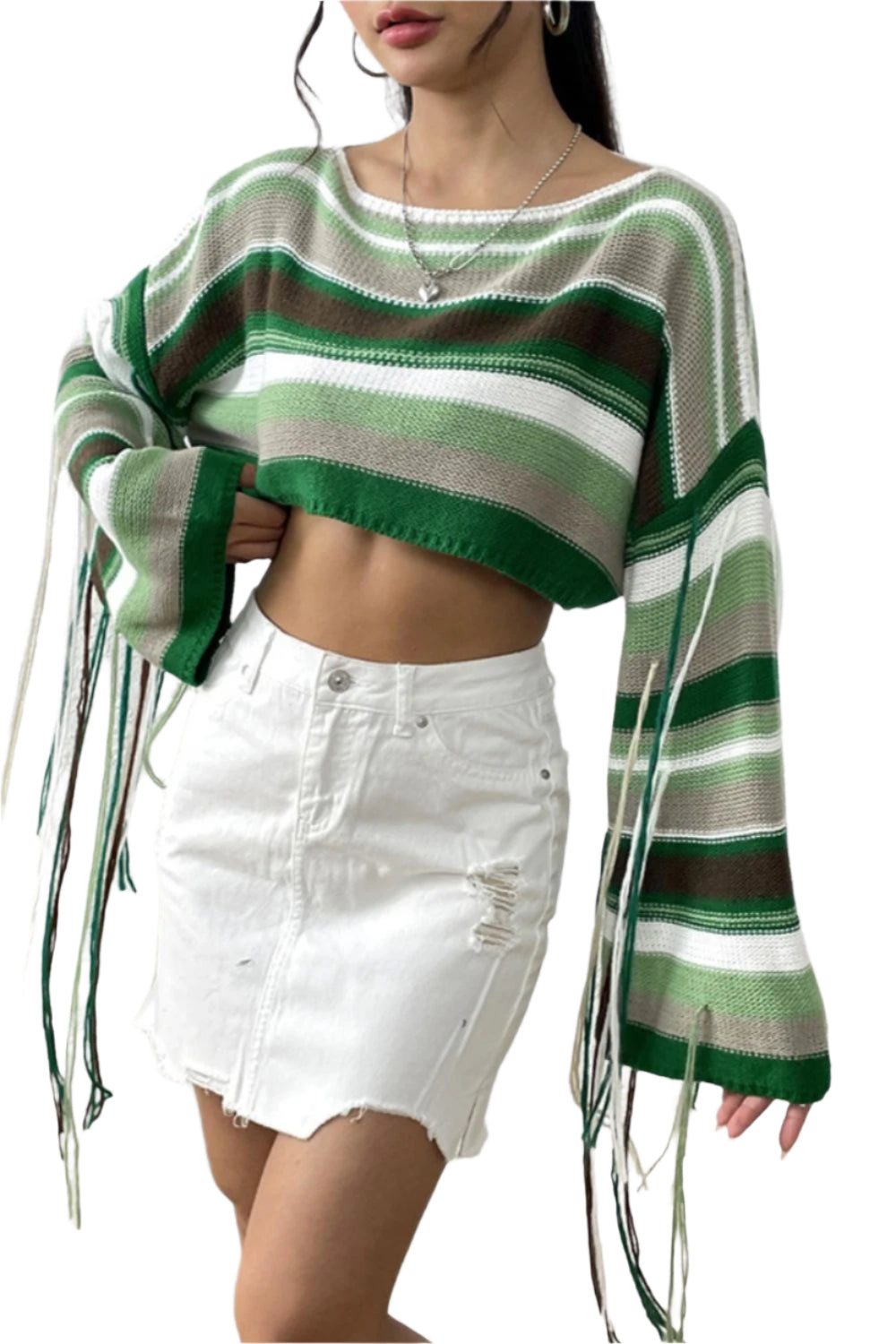 Fringe Striped Round Neck Knit Top