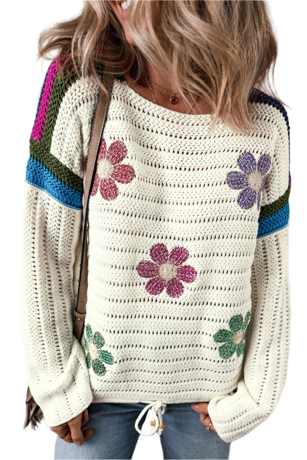 Flower Round Neck Long Sleeve Sweater