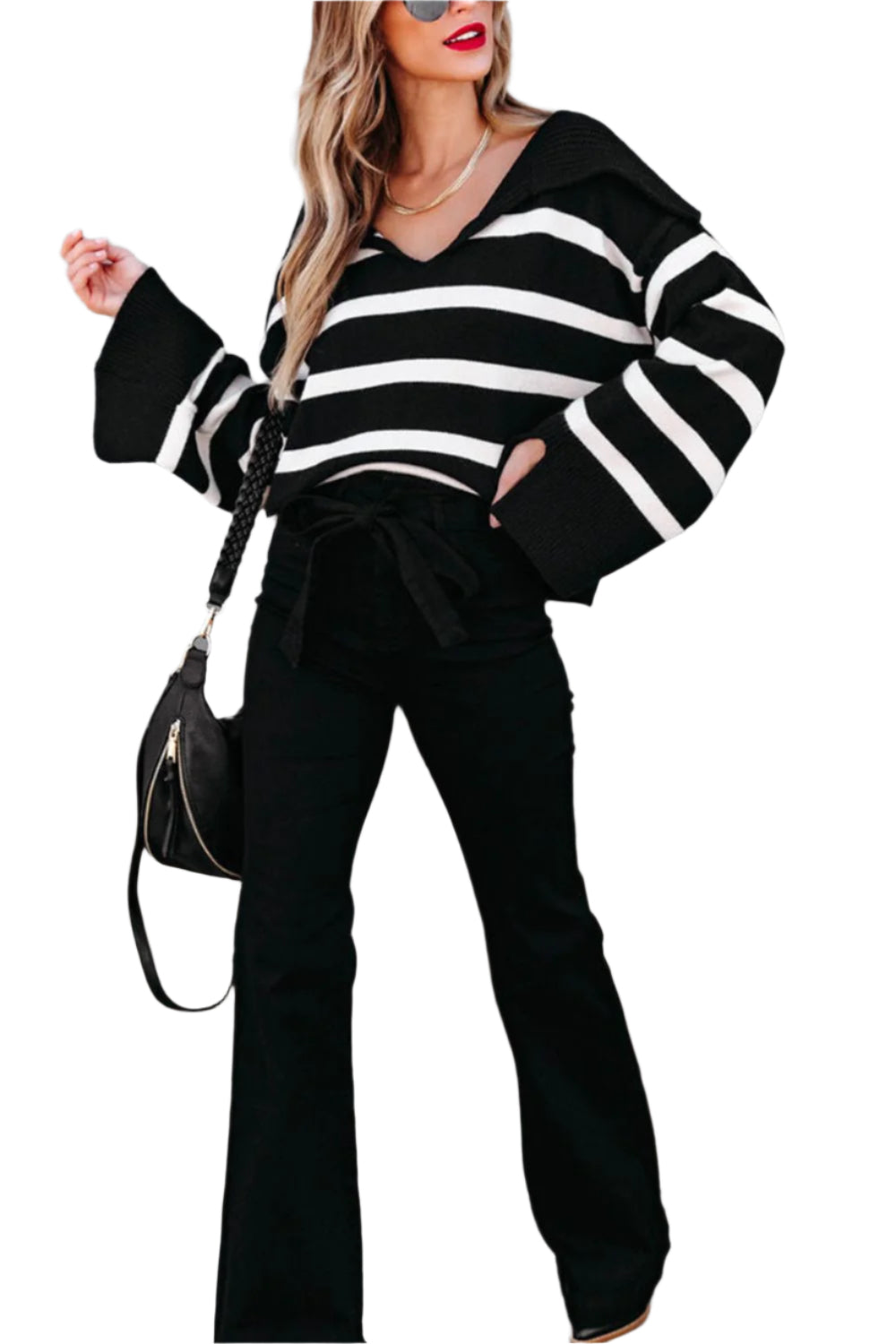 Striped Johnny Collar Long Sleeve Sweater