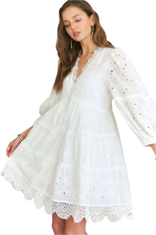 ADORA Lace Detail Tiered Eyelet V-Neck Babydoll Dress