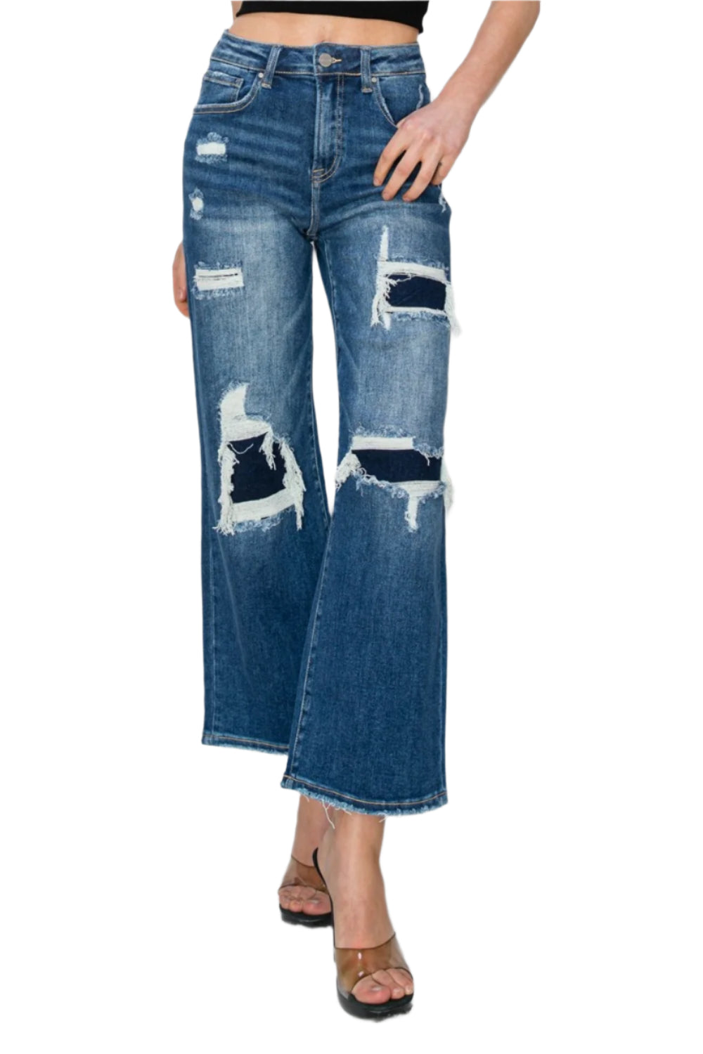 Risen Full Size High Rise Patch Detailed Wide Leg Crop Jeans