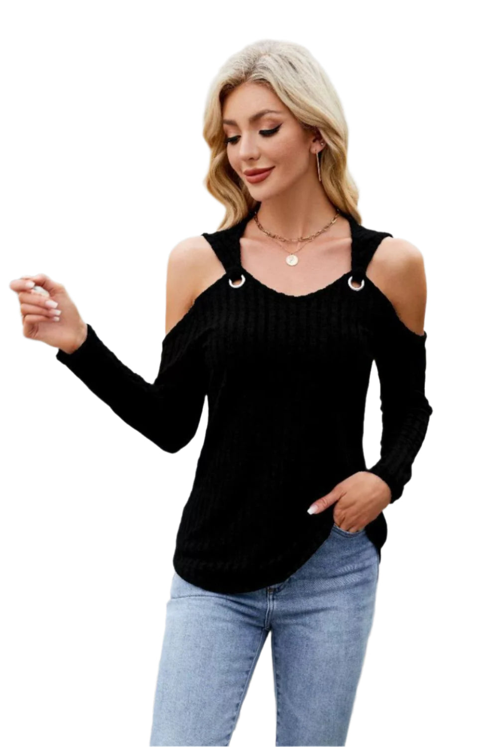 Ribbed Cold Shoulder Long Sleeve Top